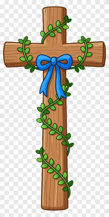 Wooden Cross With Green Vine And Blue Ribbon PNG