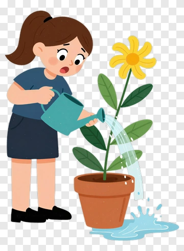 Girl Watering A Yellow Flower PNG