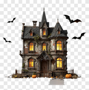 Haunted House With Bats And Pumpkins PNG