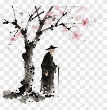 Old Man Under Cherry Blossom Tree PNG