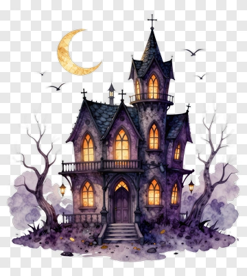Haunted House Under Crescent Moon PNG