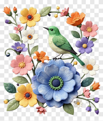Green Bird Among Colorful Flowers PNG