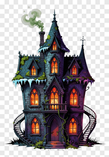 Haunted House With Glowing Windows PNG