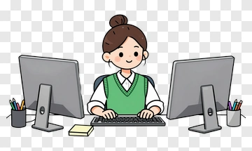 Cartoon Woman Using Computer At Desk PNG
