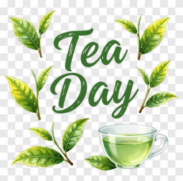 Tea Day With Green Leaves And Cup PNG