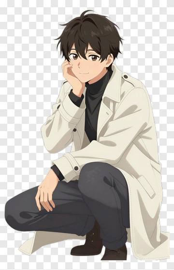Anime Boy In Coat Sitting PNG
