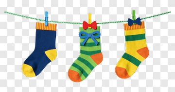 Three Colorful Children's Socks Hanging On Clothesline PNG