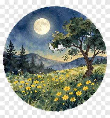 Moonlit Field With Tree And Flowers PNG