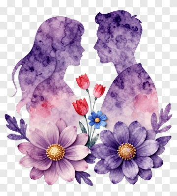 Purple Watercolor Couple Silhouette With Flowers PNG