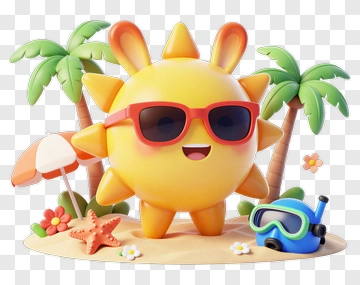 Sun Character With Sunglasses On Beach PNG