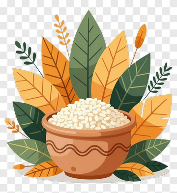 Rice Bowl Surrounded By Leaves PNG