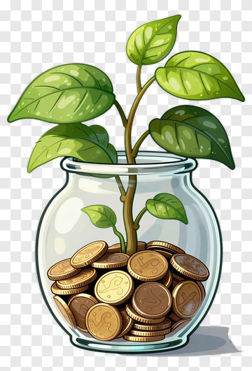 Plant Growing From Coins In Jar PNG