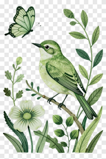 Green Bird With Butterfly And Flower PNG