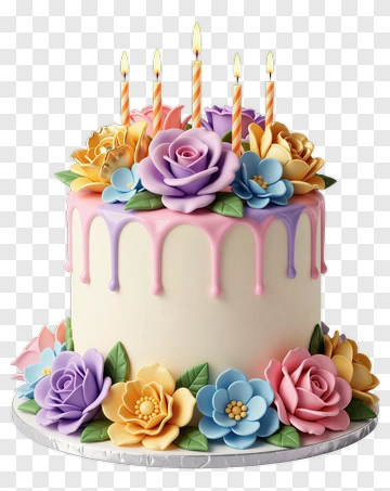 Birthday Cake With Colorful Flower Decorations PNG