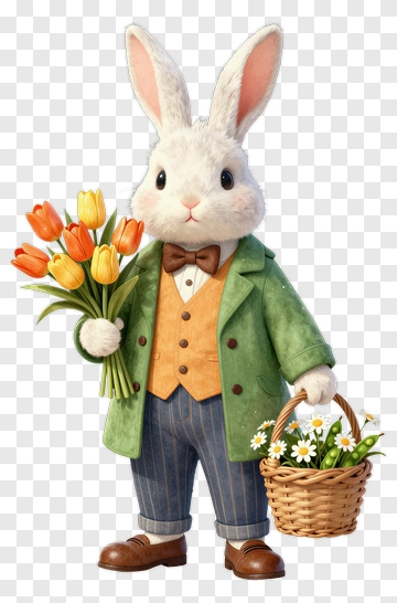 Easter Bunny With Flowers And Basket PNG