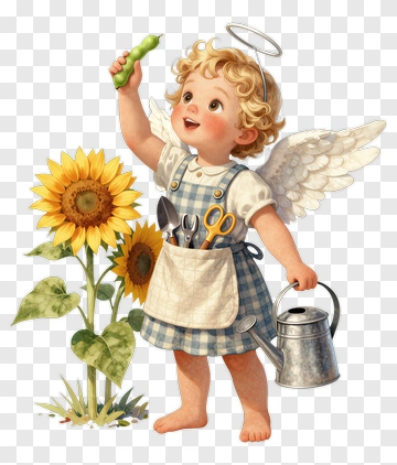 Little Gardener Angel With Sunflowers PNG