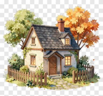 Cozy Autumn Cottage With Trees And Fence PNG