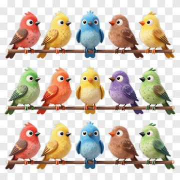 Colorful Cartoon Birds Perched On Branches PNG