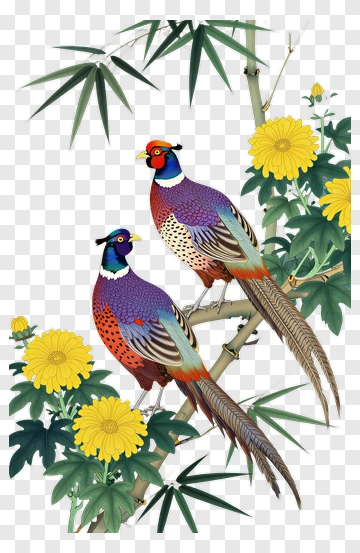 Two Pheasants Among Bamboo And Flowers PNG