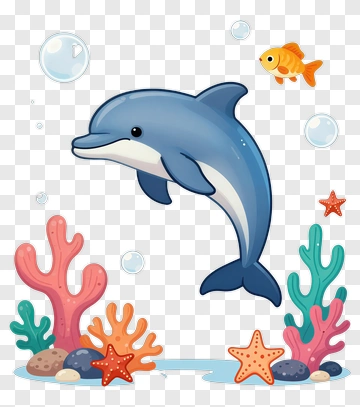 Dolphin And Goldfish In Coral Reef PNG