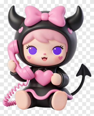 Cute Devil-Themed Doll With Pink Telephone PNG
