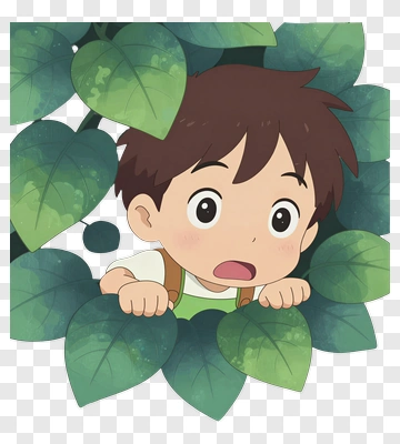 Surprised Boy Peeking Through Leaves PNG