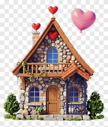 Cute Stone House With Heart Balloons PNG