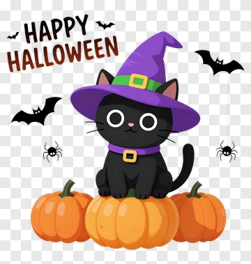 Happy Halloween Cat In Witch Hat PNG