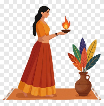 Woman Holding Diya With Feather Arrangement PNG