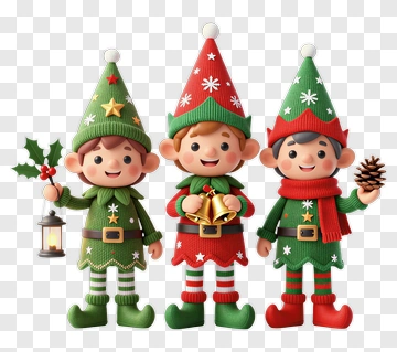 Three Christmas Elves Holding Festive Items PNG