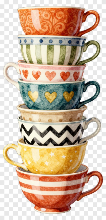 Stack Of Colorful Patterned Teacups PNG