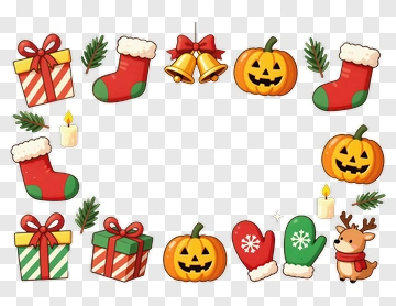 Holiday Decorations Featuring Gifts Stockings And Pumpkins PNG