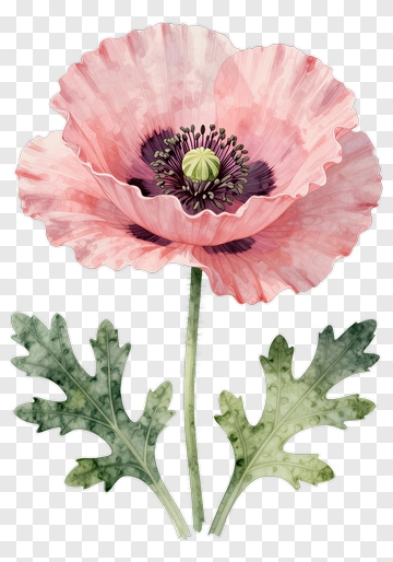 Pink Poppy With Green Leaves PNG