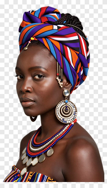 Woman In Colorful Headwrap And Beaded Jewelry PNG