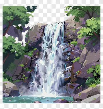 Cartoon Waterfall Cascading Over Rocky Terrain PNG