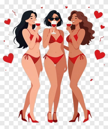 Three Women In Red Bikinis Enjoying Wine PNG