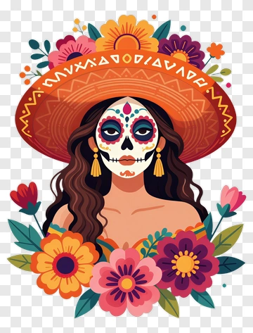Sugar Skull Woman With Sombrero And Flowers PNG