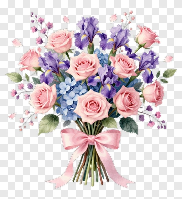 Pink Roses And Purple Irises Bouquet PNG
