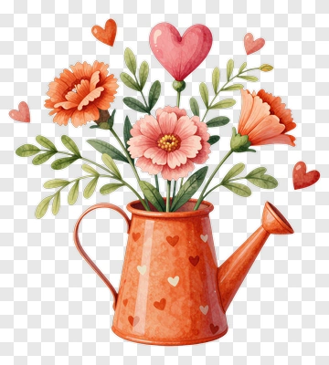 Flower Arrangement In Watering Can With Hearts PNG