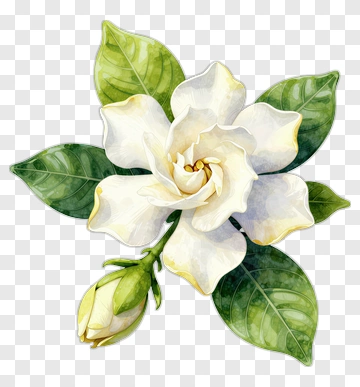 White Flower With Green Leaves And Bud PNG
