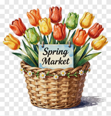 Spring Market Tulip Bouquet In Wicker Basket PNG