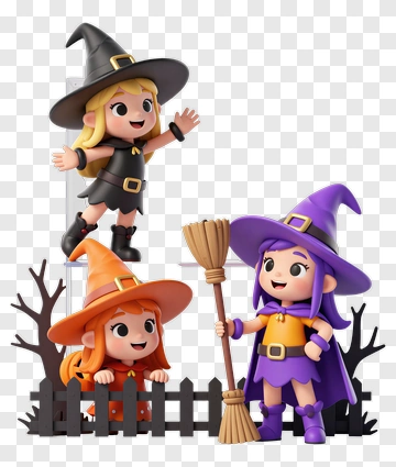 Three Cartoon Witch Characters For Halloween PNG