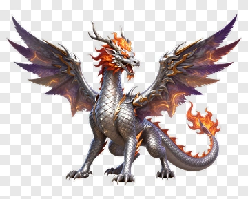Silver Dragon With Fiery Wings PNG