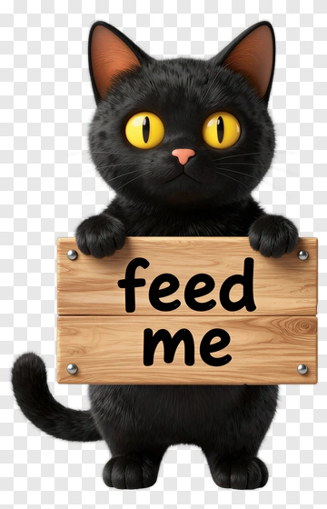 Black Cat Holding Feed Me Sign PNG