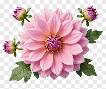Pink Dahlia Flower With Buds And Leaves PNG
