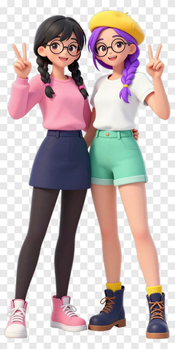 Two Smiling Anime Girls Making Peace Signs PNG