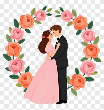 Couple Kissing In Floral Wreath PNG
