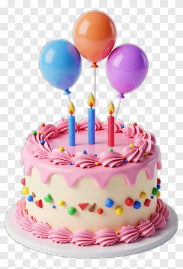 Birthday Cake With Balloons And Candles PNG