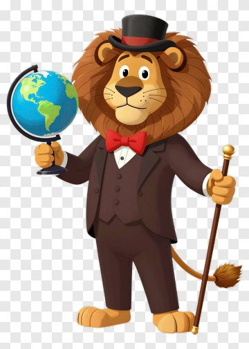 Lion With Globe And Walking Stick PNG