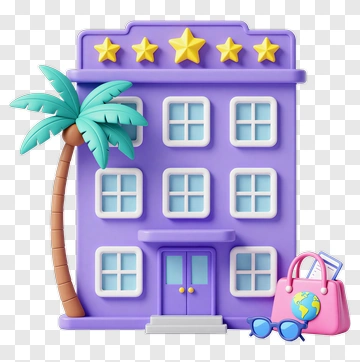 Purple Hotel With Palm Tree And Travel Gear PNG